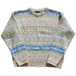 M Vintage Izod Beige Fair Isle Crewneck Sweater with Blue, Yellow & Mint Accents